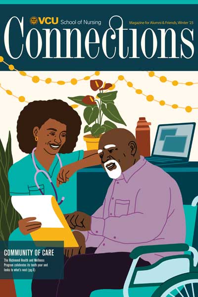 cover of the winter 2023 issue of connections magazine showing an illustration of a nurse caring for a patient