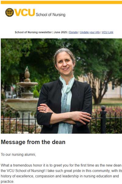 screenshot of the digital newsletter for v.c.u. school of nursing alumni showing a picture of a woman standing in front of an outdoor fountain with the headline
